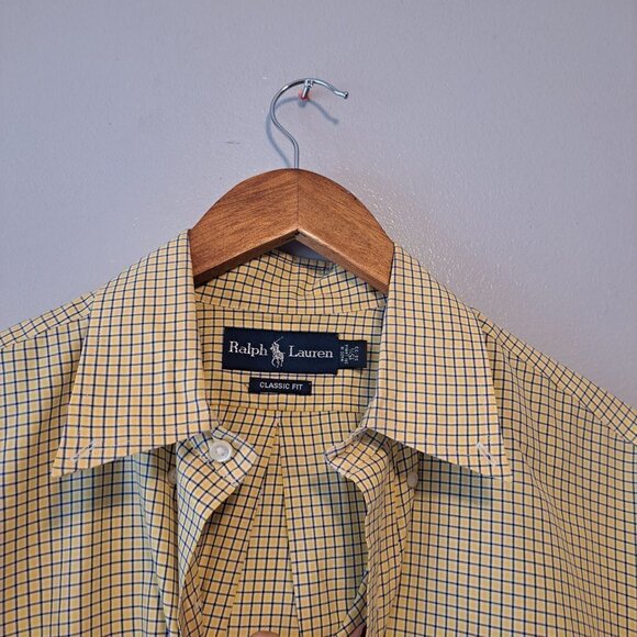 Ralph Lauren Classic Fit Mens Micro Plaid Yellow & Blue Mens‎ Shirt Size 15.1/2 - Picture 4 of 11